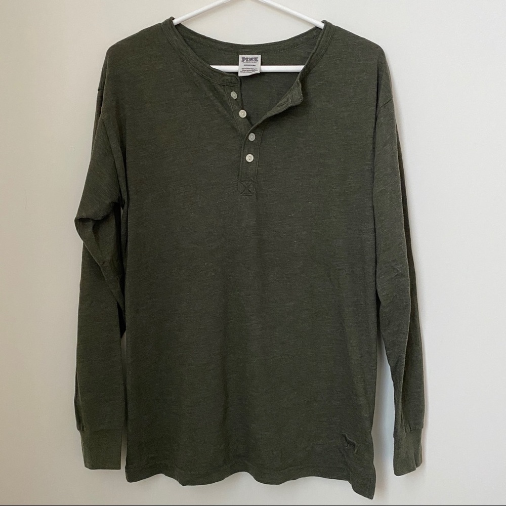 PINK Long-Sleeve Henley Shirt - Olive Green
